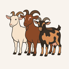 Cartoon Illustration of Three Colorful Goats Standing Together – Farm Animal Vector Isolated on White Background