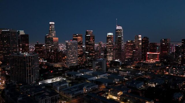 Majestic Nighttime Drone Pullback Over Downtown Los Angeles Skyline