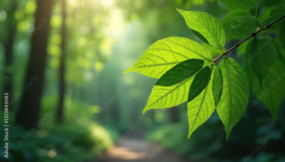 Poster green leaves on branch in sunny forest. blurred background with path. bright sunlight filters throug