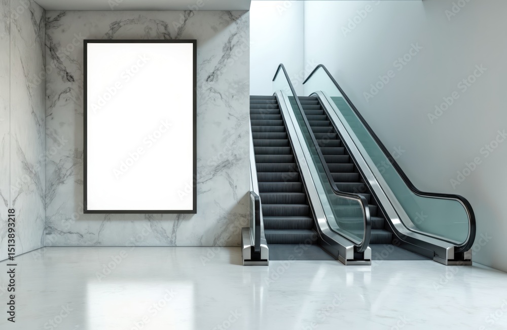 Poster empty billboard with escalator. blank digital display screen for advertisement. modern interior desi