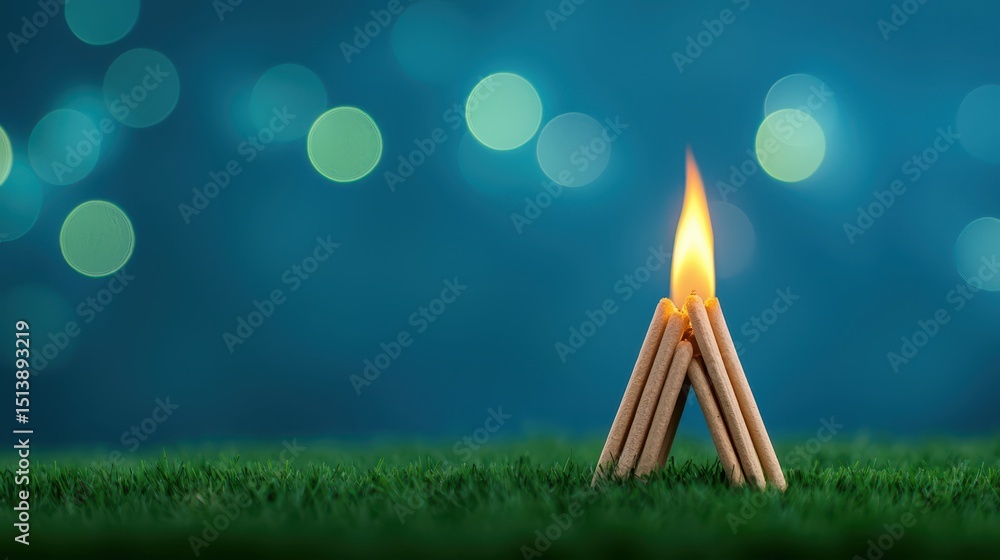 Poster marshmallows campfire sticks concept. a small flame burns brightly on a grassy surface surrounded by