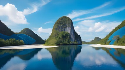 A Breathtaking Sunset Over a Peaceful Tropical Cove, Where Towering Cliffs, Lush Greenery, and Crystal-Clear Waters Reflect the Fiery Sky for travel.  
