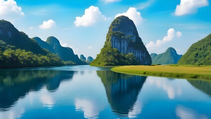 A Breathtaking Sunset Over a Peaceful Tropical Cove, Where Towering Cliffs, Lush Greenery, and Crystal-Clear Waters Reflect the Fiery Sky for travel.  