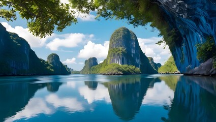 A Breathtaking Sunset Over a Peaceful Tropical Cove, Where Towering Cliffs, Lush Greenery, and Crystal-Clear Waters Reflect the Fiery Sky for travel.  