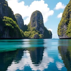 A Breathtaking Sunset Over a Peaceful Tropical Cove, Where Towering Cliffs, Lush Greenery, and Crystal-Clear Waters Reflect the Fiery Sky for travel.  