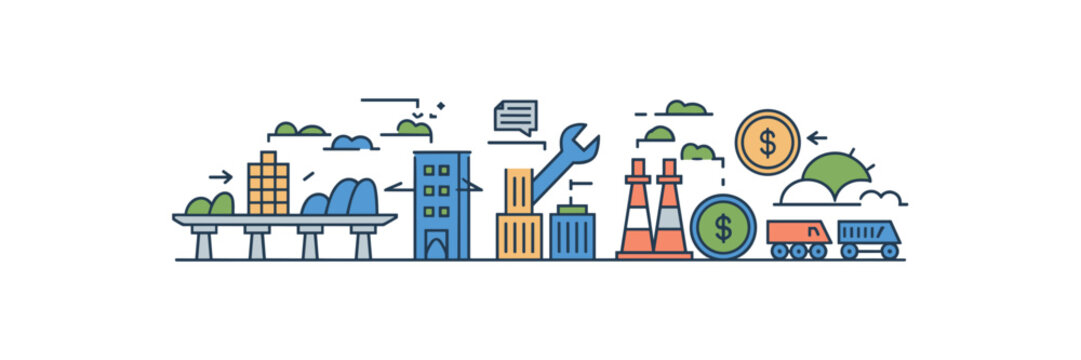 Modern infrastructure icon set with roads, trains, and power plants – Perfect for business infographics, energy policy briefs, or urban infrastructure reports.