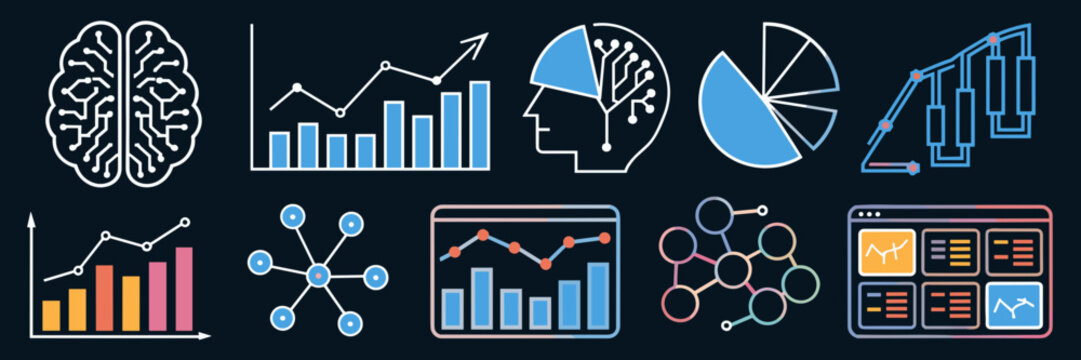 Modern vector icon sheet of AI analytics symbols &ndash; Suitable for fintech decks, artificial intelligence infographics, or corporate strategy content.