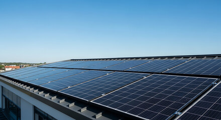 Solar panels installed on a building roof in bright daylight