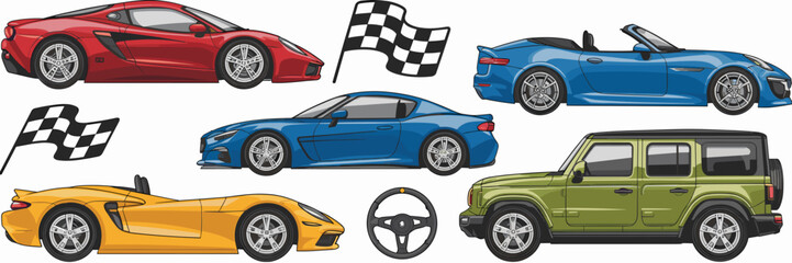 Icon sheet of stylized fast cars with checkered flag and steering wheel &ndash; Perfect for racing games, auto shop logos, or car enthusiast content