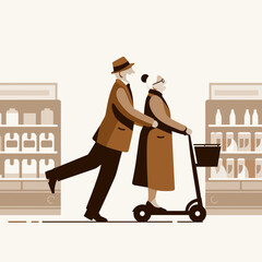 Dancing elderly couple enjoying a flash mob in a supermarket aisle with shelves in the background