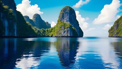 A Breathtaking Sunset Over a Peaceful Tropical Cove, Where Towering Cliffs, Lush Greenery, and Crystal-Clear Waters Reflect the Fiery Sky for travel.  