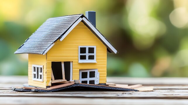 A High Resolution image of damaged miniature house model representing structural failure, leaning on wooden surface symbolizing construction defects and.