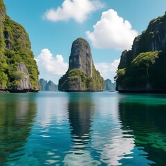 A Breathtaking Sunset Over a Peaceful Tropical Cove, Where Towering Cliffs, Lush Greenery, and Crystal-Clear Waters Reflect the Fiery Sky for travel.  