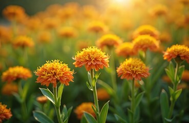 Close-up of blooming Rhodiola Rosea flowers, golden root plant. Orange yellow colors, green stems against blurred background. Fresh natural flora. Vibrant spring, summer bloom under sunlight.