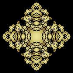 Ornate cross shape design with stylized flowers. Medieval Turkish motif. Black and gold silhouette.