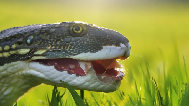 Venomous snake slowly opens mouth revealing sharp white fangs and pink interior while positioned in green grass natural habitat displaying threatening defensive behavior