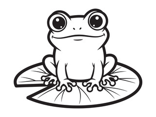 A cute cartoon frog sitting on a lily pad illustration in black and white