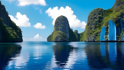 A Breathtaking Sunset Over a Peaceful Tropical Cove, Where Towering Cliffs, Lush Greenery, and Crystal-Clear Waters Reflect the Fiery Sky for travel.  