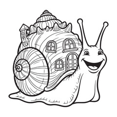 Smiling Snail with a House Shell in Black and White Drawing