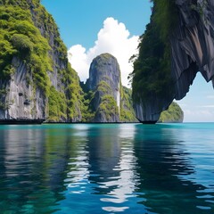 A Breathtaking Sunset Over a Peaceful Tropical Cove, Where Towering Cliffs, Lush Greenery, and Crystal-Clear Waters Reflect the Fiery Sky for travel.  