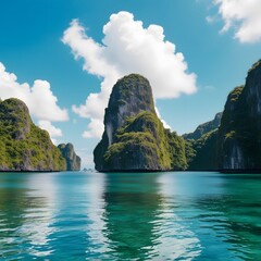 A Breathtaking Sunset Over a Peaceful Tropical Cove, Where Towering Cliffs, Lush Greenery, and Crystal-Clear Waters Reflect the Fiery Sky for travel.  