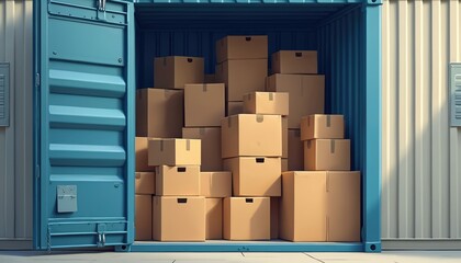Self storage unit with cardboard boxes full of personal belongings. Moving house relocation, rental concept. Storage space for things inside blue container. Cardboard boxes stack. Renting storage