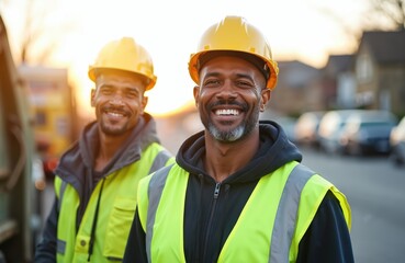 Portrait of smiling sanitation workers by garbage truck. Two African American men wearing protective vests, helmets, happy working in public service. Essential jobs for city. Positive community