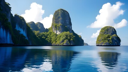 A Breathtaking Sunset Over a Peaceful Tropical Cove, Where Towering Cliffs, Lush Greenery, and Crystal-Clear Waters Reflect the Fiery Sky for travel.  