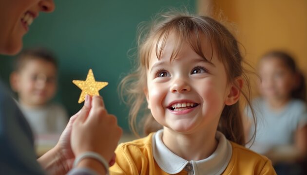 Smiling child receives gold star from teacher. Girl happy, excited about award for achievement in school classroom. Education, learning, reward, success, pupil.