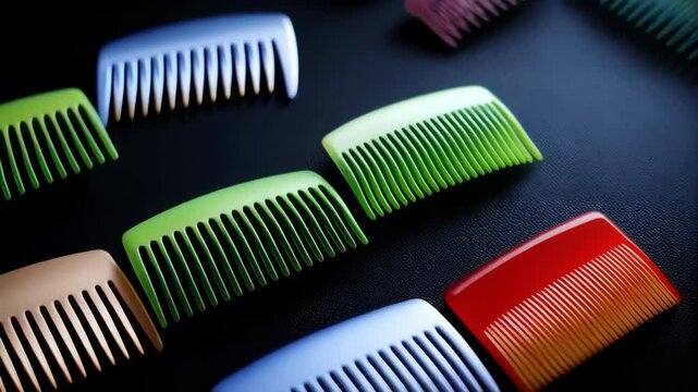 Arrangement of Colorful Plastic Combs on Black Surface, Hair Styling Tools, Personal Care Items for Grooming, Pattern of Combs, Flat Lay Photography