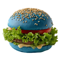 A unique blue burger with sesame seeds on the bun and fresh vegetables. The burger has a vibrant and unusual color, with lettuce, tomato, and sauce