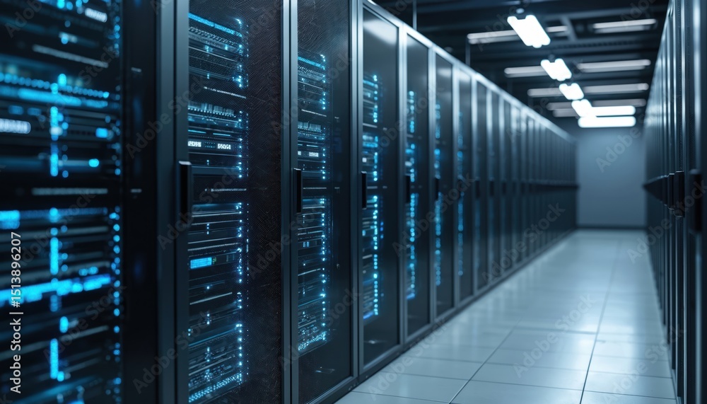 Poster Modern data center servers with blue lights, network infrastructure. High-tech environment for digital efficiency, data storage, processing, computing. Enterprise hardware, cloud services, internet