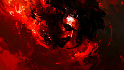 Fototapeta premium Abstract Fiery Portrait A Man Emerging from Flames