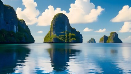 A Breathtaking Sunset Over a Peaceful Tropical Cove, Where Towering Cliffs, Lush Greenery, and Crystal-Clear Waters Reflect the Fiery Sky for travel.  