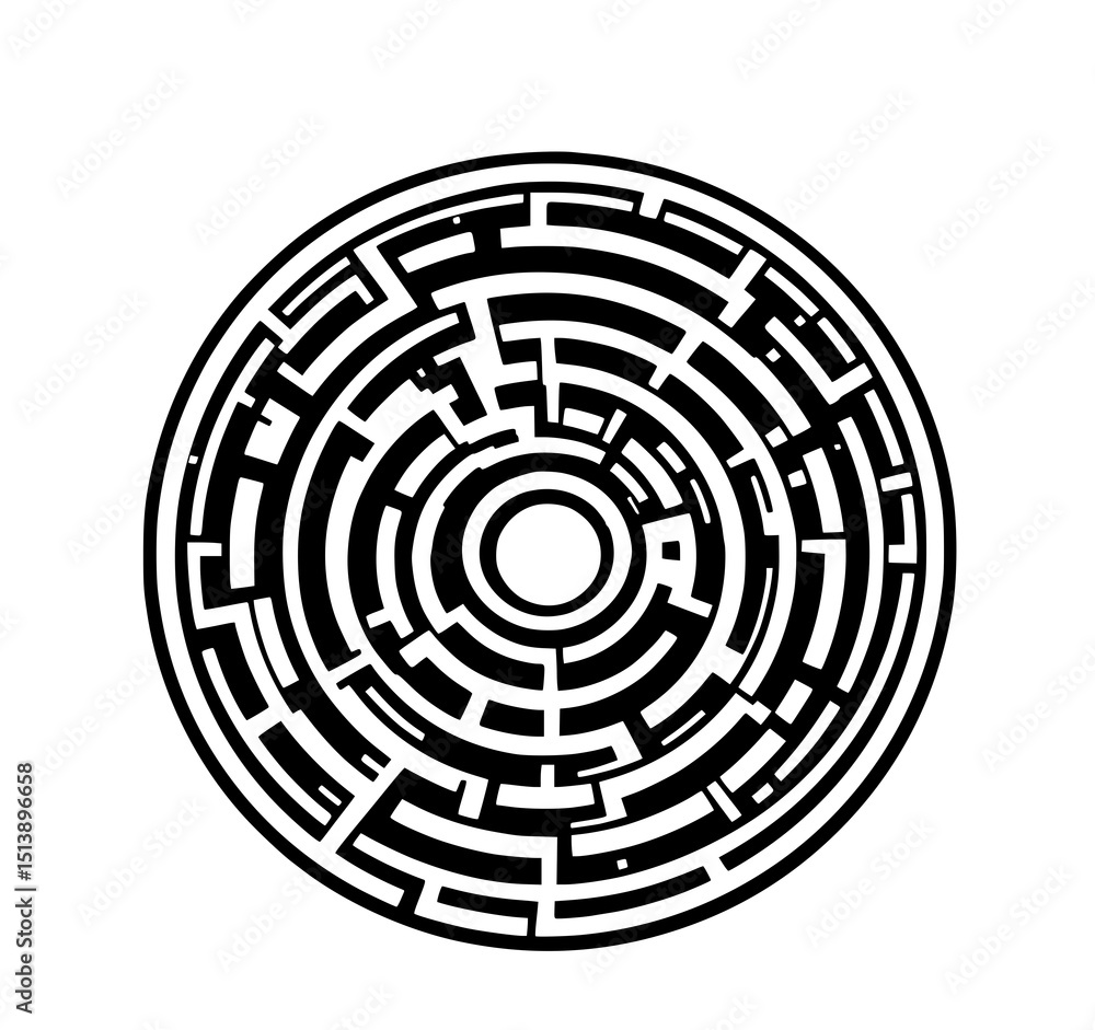 Poster circular maze: a striking monochrome line art illustration of a concentric circular maze, showcasing