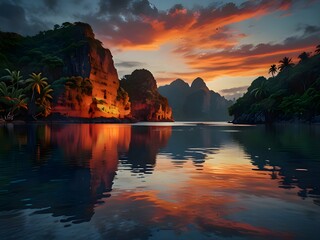 A Breathtaking Sunset Over a Peaceful Tropical Cove, Where Towering Cliffs, Lush Greenery, and Crystal-Clear Waters Reflect the Fiery Sky for travel.  