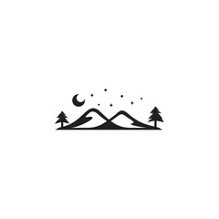 night mountain view logo decorated with stars and moon in flat design