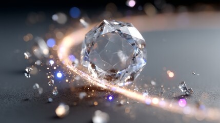 Rotating Diamond Gemstone with Sparkling Light Trails
