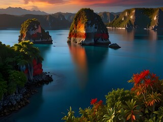 A Breathtaking Sunset Over a Peaceful Tropical Cove, Where Towering Cliffs, Lush Greenery, and Crystal-Clear Waters Reflect the Fiery Sky for travel.  