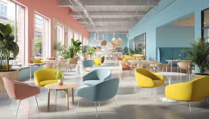 Modern, vibrant coworking space features colorful chairs, wooden tables, and large windows allowing natural light. open layout includes plants and pendant lighting, creating welcoming atmosphere