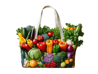 A colorful bag filled with a variety of fruits and vegetables