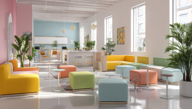 Modern, vibrant lounge area features colorful seating, including yellow, pink, and blue sofas and ottomans. Large windows allow natural light to flood space, highlighting contemporary decor