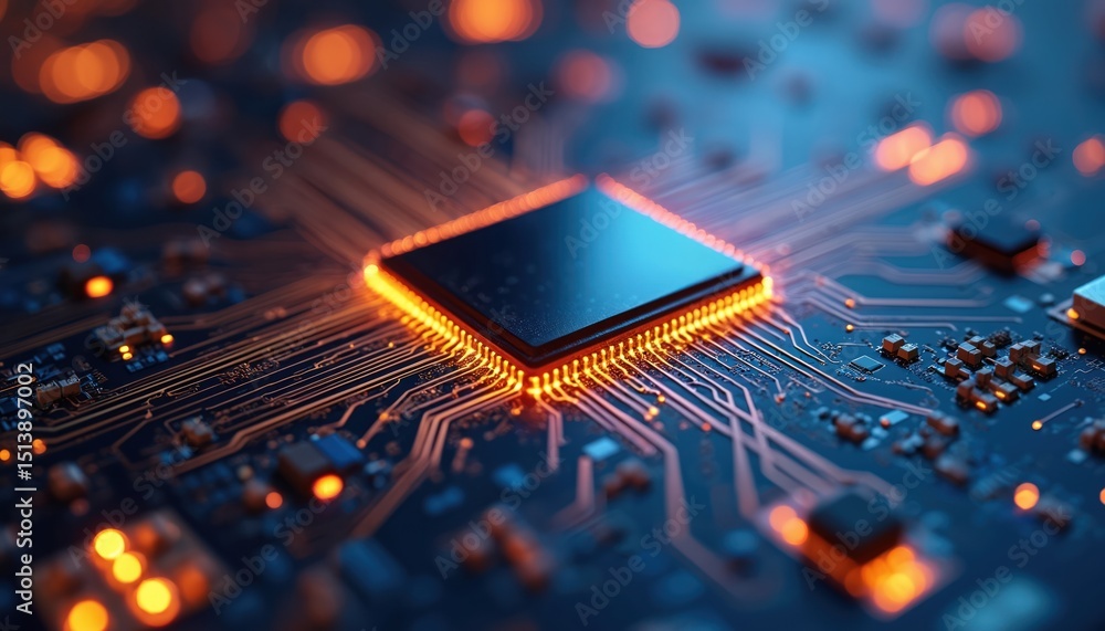 Poster close-up view of microchip on circuit board. glowing connections, intricate details, computer techno