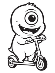 One eyed monster smiling and riding a kick scooter in black and white