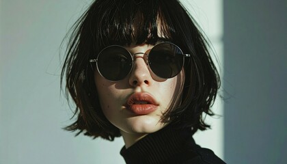 Portrait of a woman with dark hair and round sunglasses wearing a black turtleneck sweater against white