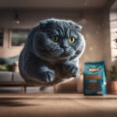 Naklejka premium Playful Scottish Fold cat leaping indoors toward cat food, soft blue-gray fur, warm natural light—ideal for pet food ads.