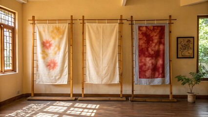 Three fabric panels displayed on bamboo frames within a bright and serene interior space