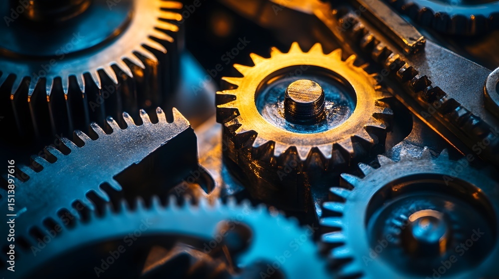 Poster close-up view of intricate gears in motion.