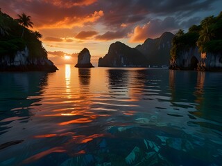 A Breathtaking Sunset Over a Peaceful Tropical Cove, Where Towering Cliffs, Lush Greenery, and Crystal-Clear Waters Reflect the Fiery Sky for travel.  