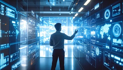 Man analyzes data presented on futuristic blue screens in a modern tech environment.